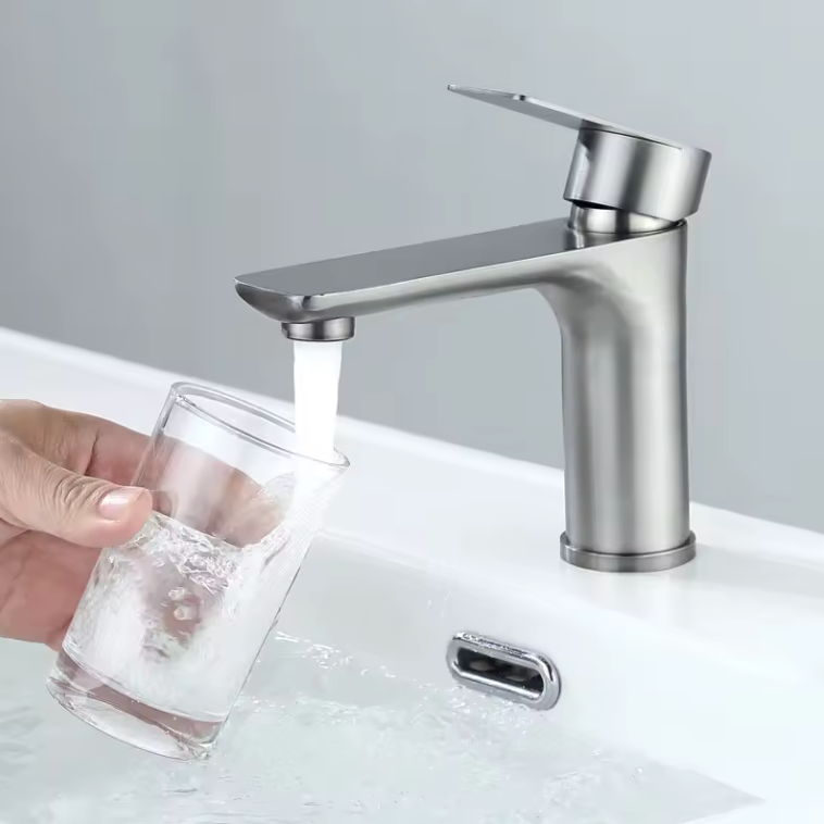 Mitigeur de Lavabo en Acier Inoxydable 304 – Eau Chaude et Froide, Poignée Unique, Finition Gris Brossé