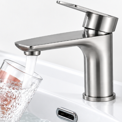 Mitigeur de Lavabo en Acier Inoxydable 304 – Eau Chaude et Froide, Poignée Unique, Finition Gris Brossé