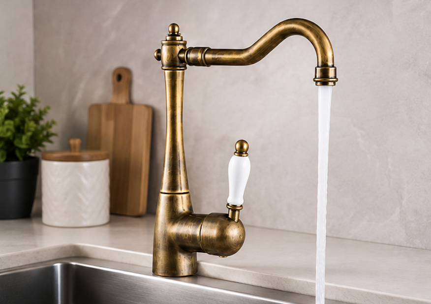 Robinet Ancien Vintage de Cuisine en Laiton Bronze – Col de Cygne Rotation 360°
