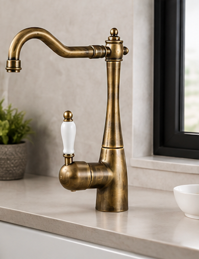 Robinet Ancien Vintage de Cuisine en Laiton Bronze – Col de Cygne Rotation 360°